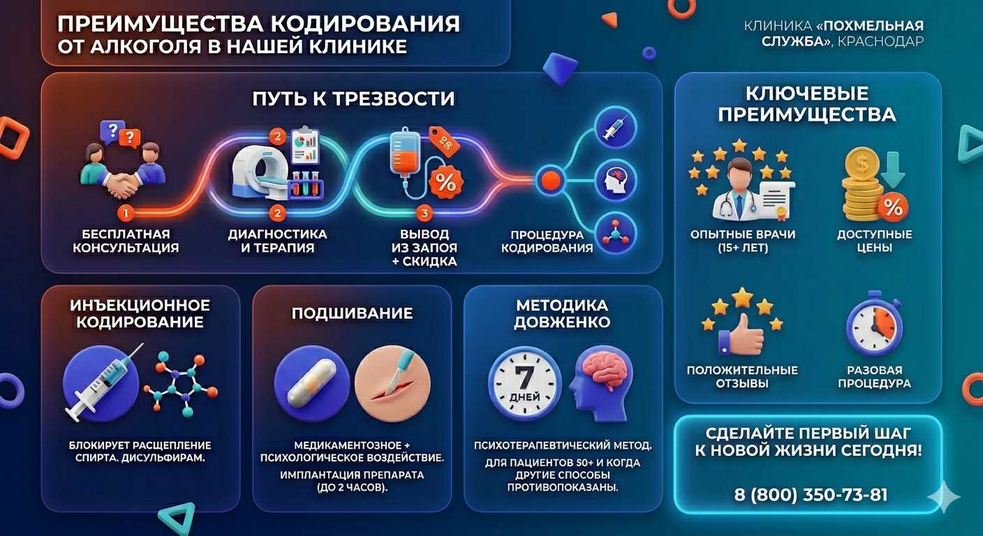 Инфографика о методах кодирования от алкоголя в Среднеуральске: инъекции, подшивание, метод Довженко. Преимущества клиники и этапы лечения.